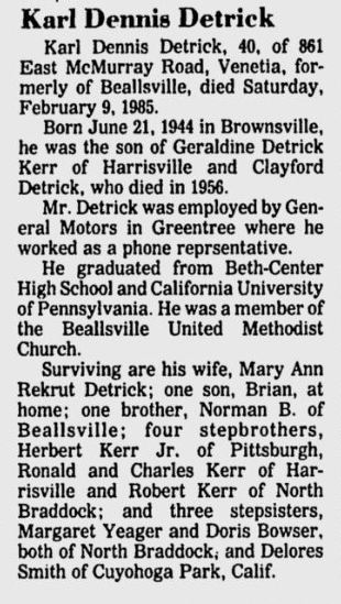 Karl Dennis Detrick obit